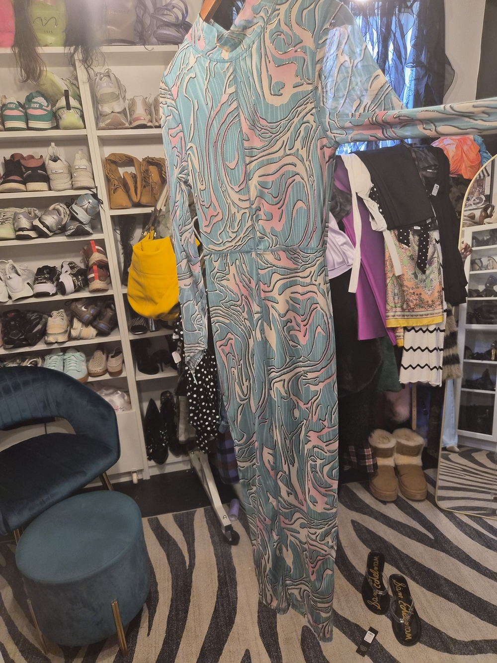 Fashion Nova Teal and Pink Swirl Maxi Dress